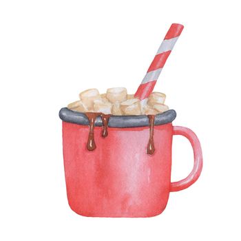 Watercolor Hot chocolate with Christmas Candy Cane and marshmallow in red Cup isolated on white background.