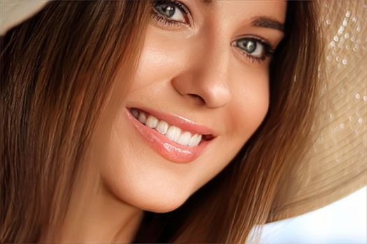 Fashion, travel and beauty face portrait of young woman, happy smiling model wearing beach sun hat in summer, head accessory and style concept