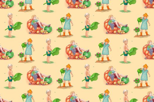Seamless pattern. Summer. Children in various poses, eating fruits, watering flowers, playing barefoot. Watercolor style on a yellow background.