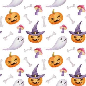 Seamless pattern for Halloween party. Pumpkin, witch hat and ghost. Bright watercolor endless pattern with bones on white