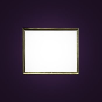 Antique art fair gallery frame on royal purple wall at auction house or museum exhibition, blank template with empty white copyspace for mockup design, artwork concept