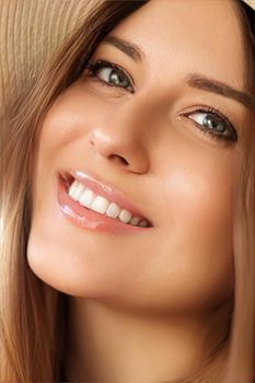 Fashion, travel and beauty face portrait of young woman, happy smiling model wearing beach sun hat in summer, head accessory and style concept