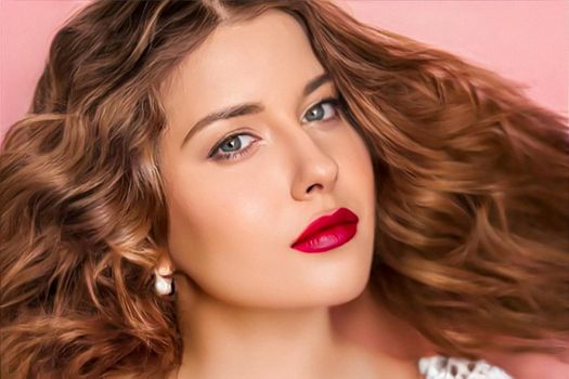 Beauty face portrait, beautiful woman with long wavy hairstyle and matte red lipstick make-up on pink background, fashion and glamour model look for makeup, skincare cosmetics and hair care commercial