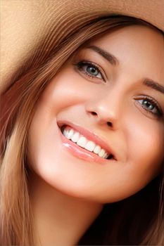 Fashion, travel and beauty face portrait of young woman, happy smiling model wearing beach sun hat in summer, head accessory and style concept