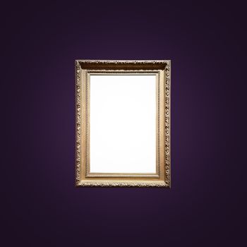 Antique art fair gallery frame on royal purple wall at auction house or museum exhibition, blank template with empty white copyspace for mockup design, artwork concept