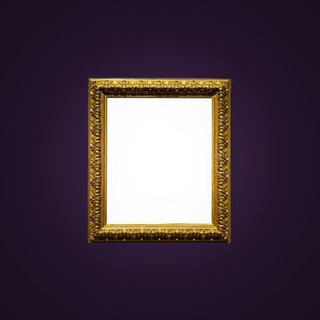 Antique art fair gallery frame on royal purple wall at auction house or museum exhibition, blank template with empty white copyspace for mockup design, artwork concept