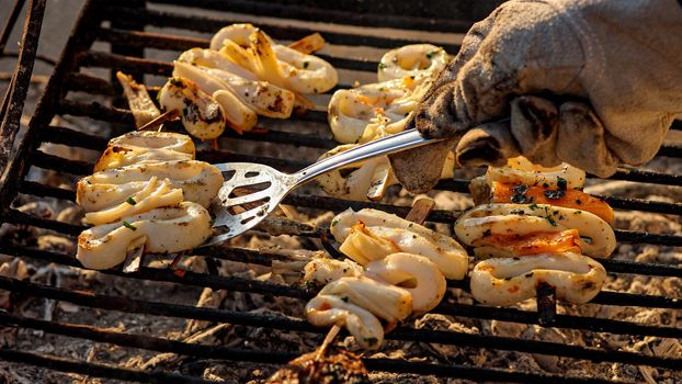 Fish Sturgeon on the grill. Fish skewers on the grill.