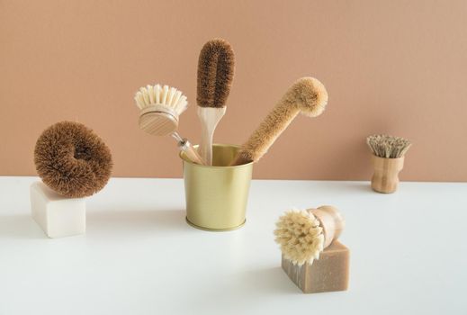 set of zero waste bamboo brushes for dishwashing. High quality photo