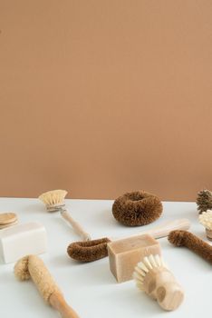 set of zero waste bamboo brushes for dishwashing. High quality photo