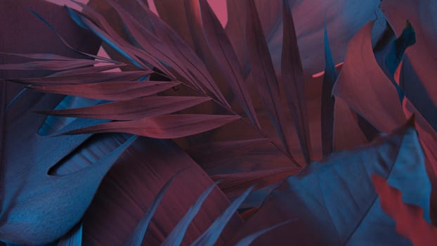 floral tropical background made with leaves and blue and red lights. creative idea