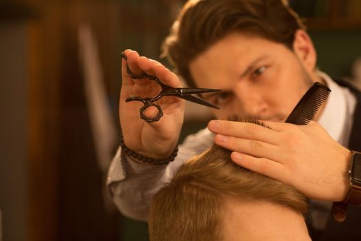 Selective focus on the hands of a professional barber using scissors and a comb cutting hair of his client copyspace service hairdresser barbershop stylist hairstyling profession barbering job traditional.