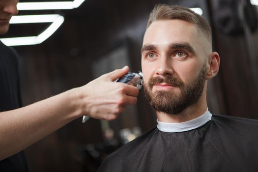 Close up of a handsome bearded man looking away thoughtfully while barber using electric trimmer shaving sides