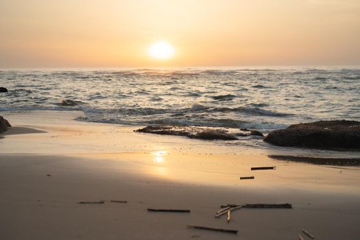 Sea landscape at sunset, stone coast Dramatic ocean background at evening dusk Almost night