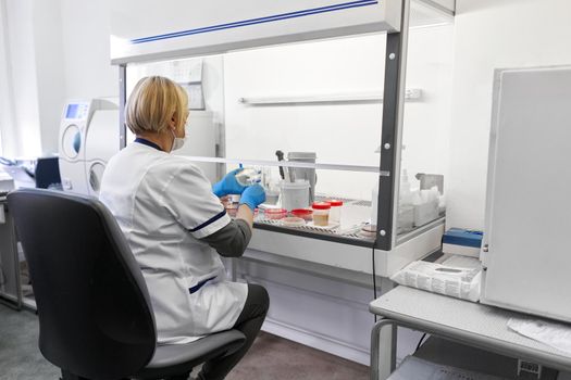 Laboratory of an hospital with a woman sitting on a desk working with samples of cell cultivation