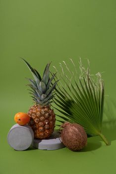 mock up with tropical leaves and fruits. High quality photo