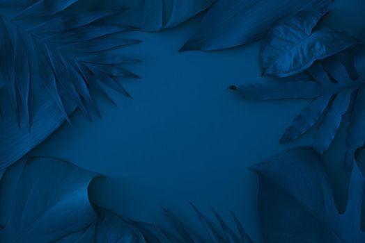 floral tropical background made with leaves blue lights. creative idea