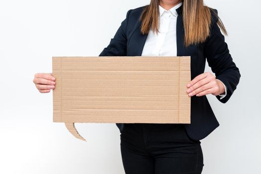 Businesswoman Holding Speech Bubble With Important Messages.