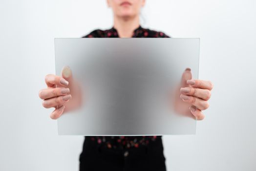 Woman Showing Placard And Presenting Important Ideas For Marketing.