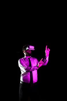 Businessman Using Virtual Reality Simulator And Gesturing During Training.