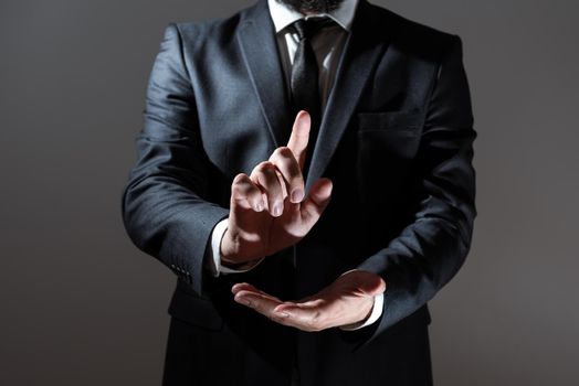 Businessman In Suit Pointing With One Finger On Important Message.