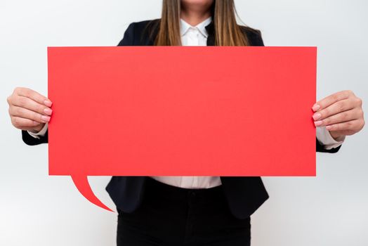 Businesswoman Holding Speech Bubble With Important Messages.