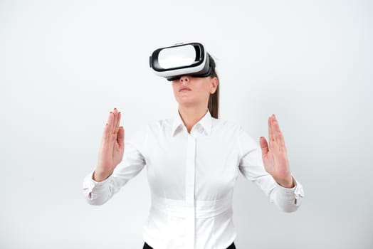 Woman Wearing Vr Glasses And Presenting Important Messages Between Hands.