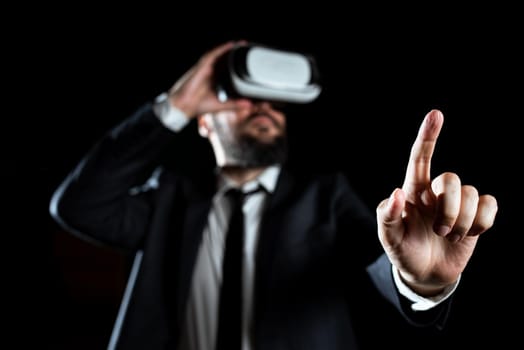 Businessman Gesturing While Experiencing Virtual Reality Simulator.