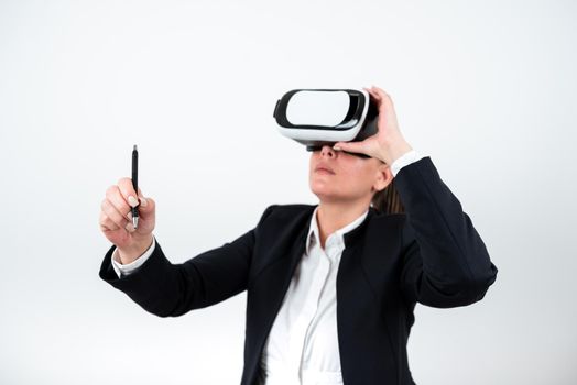 Woman Wearing Vr Glasses And Pointing On Recent Updates With Pen.