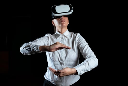 Woman Wearing Virtual Reality Simulator And Gesturing During Training.