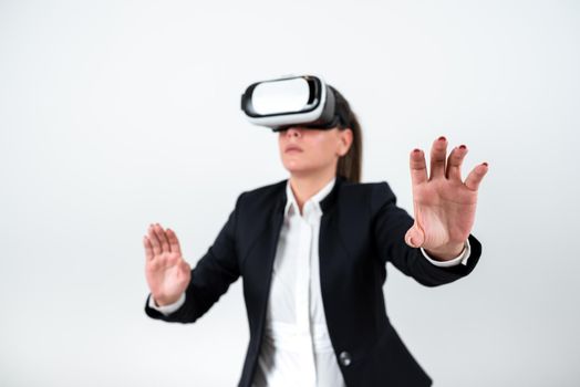 Woman Wearing Vr Glasses Andpresenting Important Messages Between Hands.