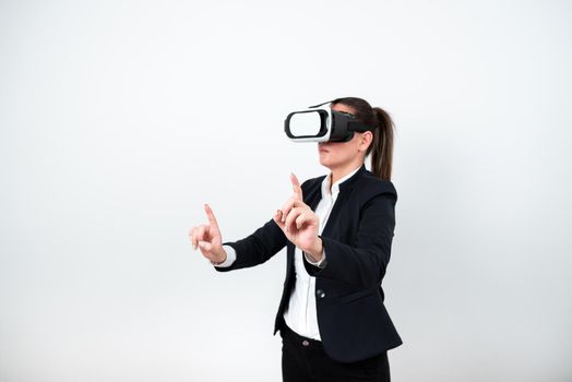 Woman Wearing Vr Glasses And Pointing On Important Messages With Both Hands