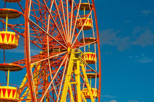 Abandoned wheel metal ferris park old pripyat empty attraction summer, from carousel background for chernobyl from amusement street, child disaster. Building abstract repair, removed