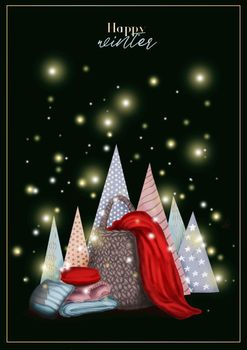Festive Christmas card. Happy winter. Basket with a warm blanket. Christmas illustration with lights and snow