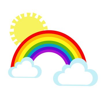 Flat cartoon illustration of rainbow with sun and clouds
