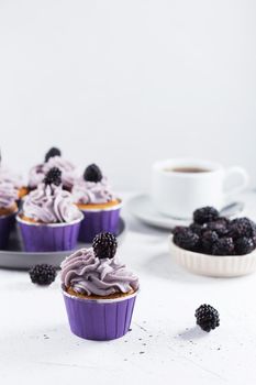 Delicious blackberry cupcake on a gray background with berries, tea and cupcakes in the background. Vertical photo