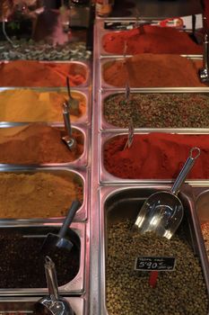 Coloful herbs and spices, displayed at a Spanish food market