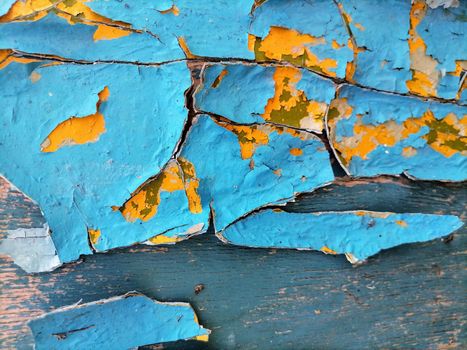 Abstration of the flag of Ukraine on a wall with a crack. A crisis. Dirty old yellow and blue wood background. Texture of wood use as natural background. Flag of Ukraine. High quality photo