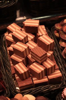 Luxurious chocolate pralines at a market in Barcelona, Spain