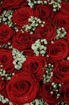 Red roses and gypsophila in a bridal arrangement