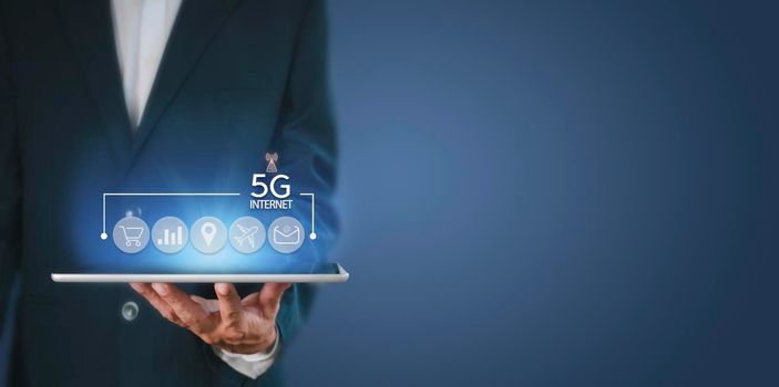 Business network communication concept. 5G Network Internet Mobile Wireless. 5g internet connects all activities in your hands shopping, finance, travel, location, contact, etc with copy space banner