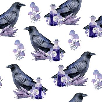 Watercolor hand drawn seamless pattern with black raven bird purple witch forest herbs, leaves. Spooky horror witchcraft Halloween background. Wood mystic print