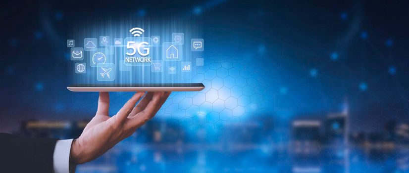 Business network communication concept. 5G Network Internet Mobile Wireless. 5g internet connects all activities in your hands shopping, finance, travel, location, contact, etc with copy space banner