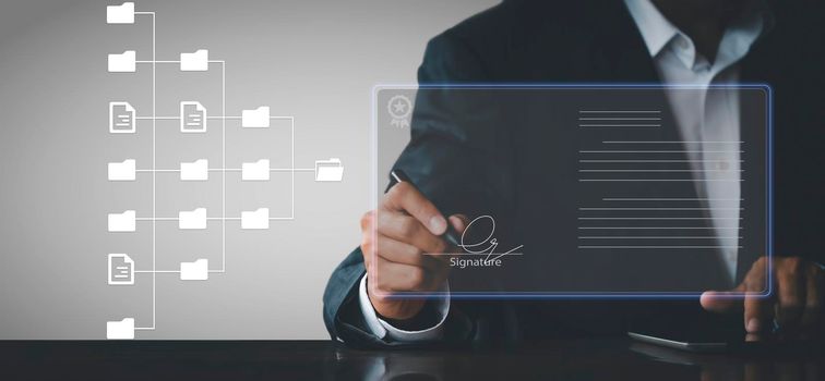 businessman use electronic pen sign signature on electronic  E-signing, data sheet document management, paperless office concept. Businessman using stylus pen signing e document on digital tablet.