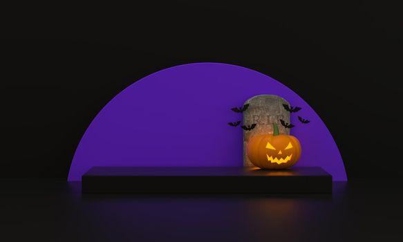 Halloween pedestal for product display with pumpkins, bats and Tombstone with a circle purple on black background. 3d rendering.