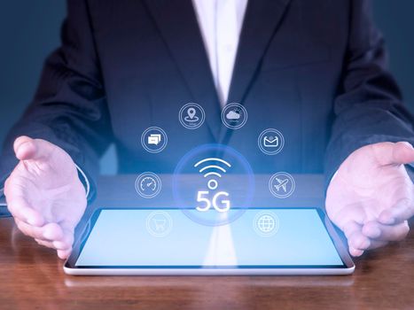 Business network communication concept. 5G Network Internet Mobile Wireless. 5g internet connects all activities in your hands shopping, finance, travel, location, contact, etc with copy space banner