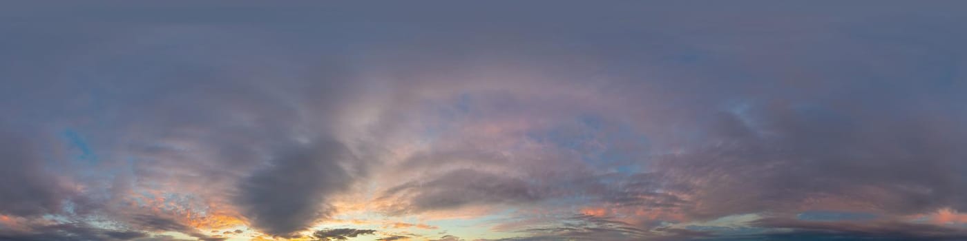 Dark blue sunset sky panorama with pink Cumulus clouds. Seamless hdr 360 pano in spherical equirectangular format. Full zenith for 3D visualization, game, sky replacement for aerial drone panoramas