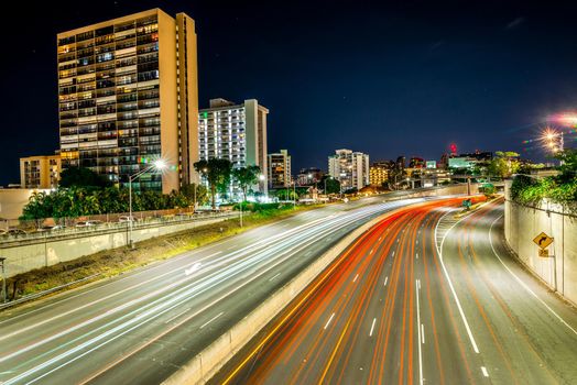 evening commute on H1 Freeway at night in honolulu hawaii