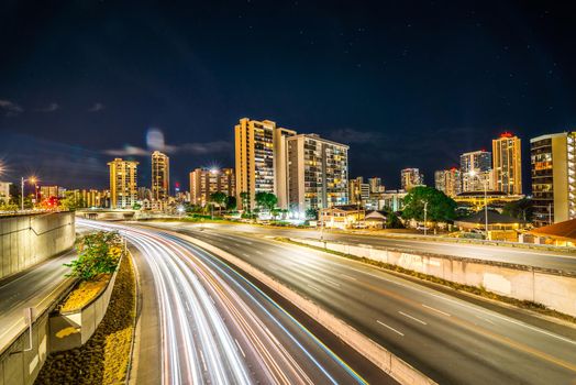 evening commute on H1 Freeway at night in honolulu hawaii