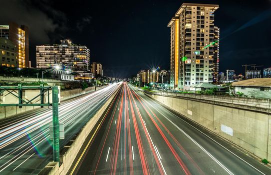 evening commute on H1 Freeway at night in honolulu hawaii