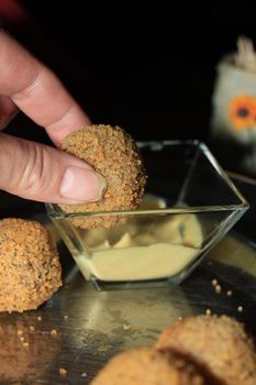 Bitterballen with mustard, warm fried snack, served in the Netherlands